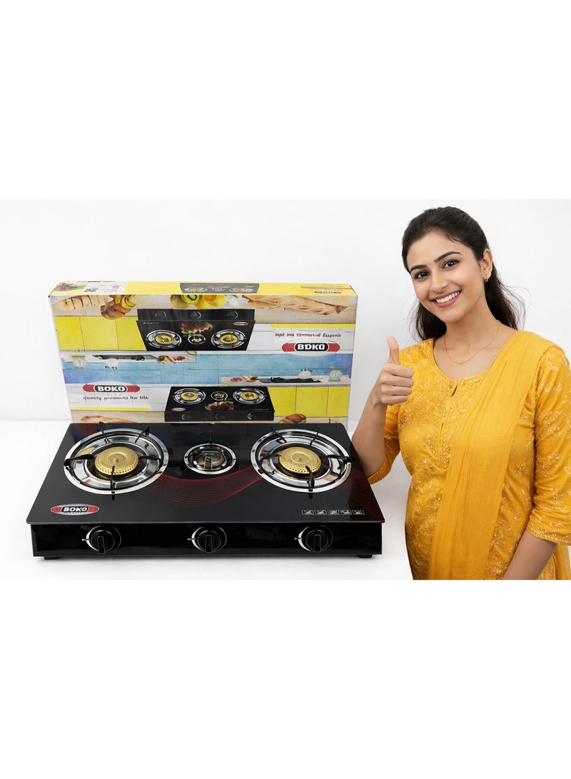 BOKO Double Burner Table Top Gas Stove with Brass Burners Energy saving flame technology, stainless steel body frame, smooth surface cleaning, compact storage size, strong pan supports, manual ignition system, safe and efficient cooking solution for modern kitchens. - Image 1